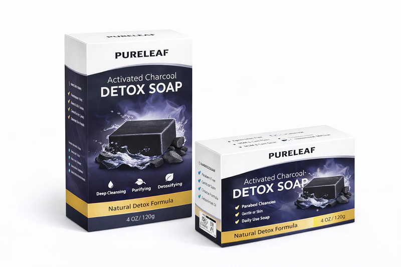 Activated charcoal soap packaging box detox skincare product packaging with printed design