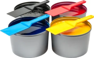 CMYK offset printing inks cyan magenta yellow black with spatulas for professional packaging printing