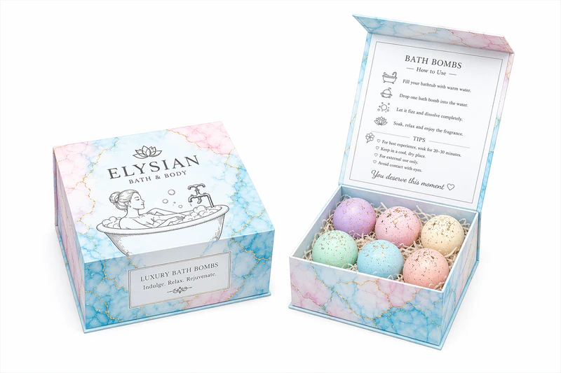 Custom bath bomb magnetic rigid box with printed interior and compartments for luxury bath bomb gift packaging