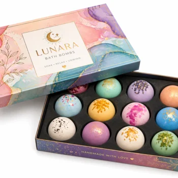 Custom bath bomb gift box rigid style with multiple compartments holding assorted colorful bath bombs