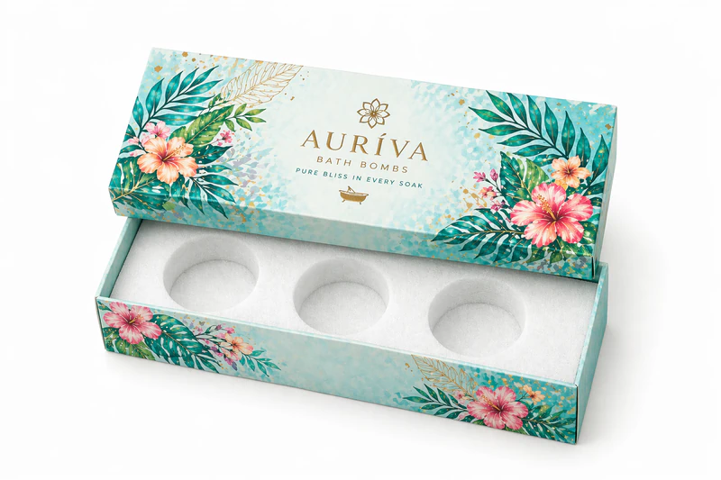 Rectangular custom bath bomb rigid box with floral print and foam insert for organized bath bomb storage