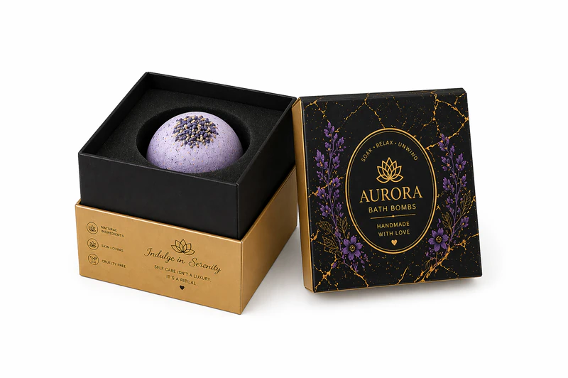Luxury custom bath bomb rigid box with separate lid and base and foam insert for premium single bath bomb packaging