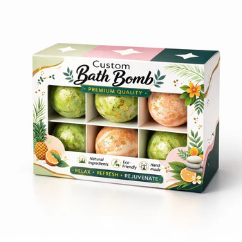 Custom bath bomb box with window and divider insert holding six bath bombs for retail packaging