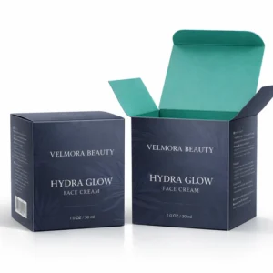 Custom cosmetic box in blue design for face cream packaging with premium printed branding