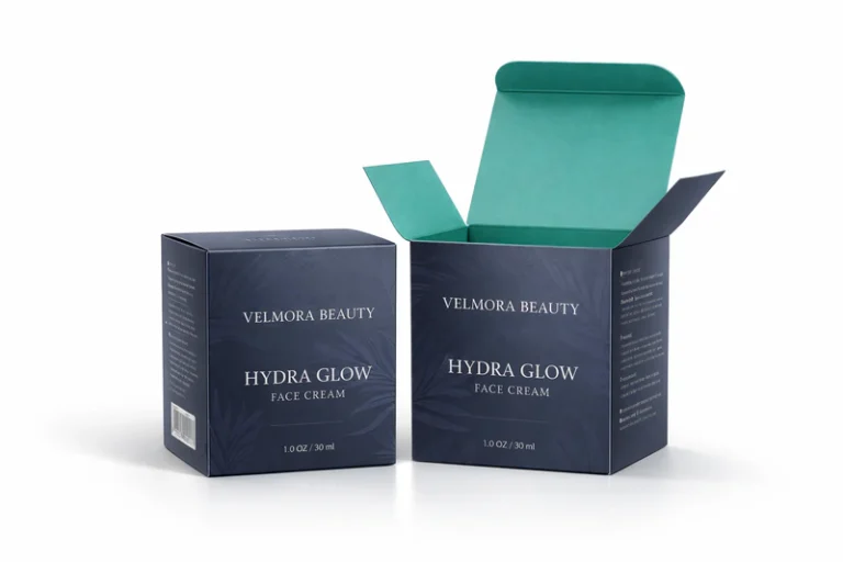 Custom cosmetic box in blue design for face cream packaging with premium printed branding