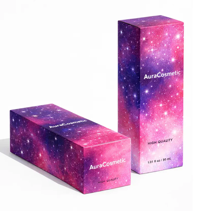 Custom cosmetic packaging box with galaxy print design for unique and premium beauty branding