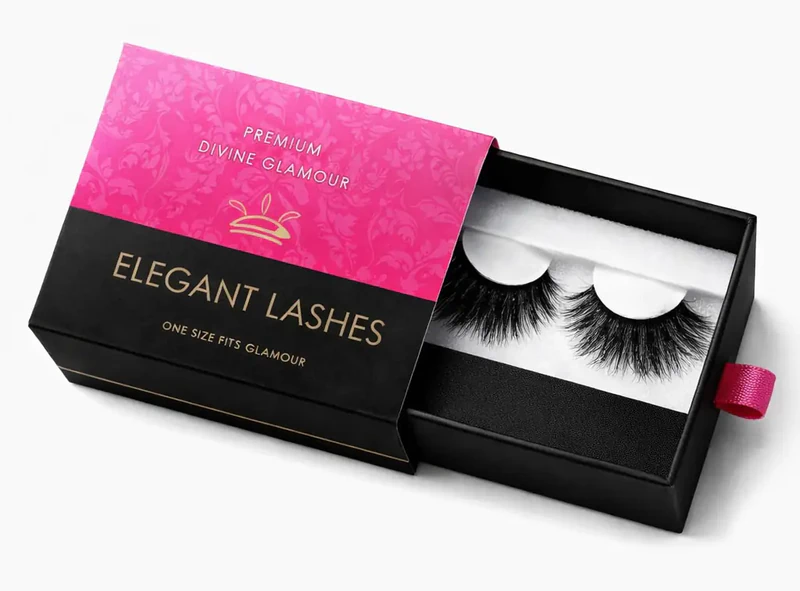 Custom eyelash drawer box in black and pink rigid packaging with sliding tray for premium lash products