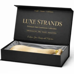 Custom black luxury hair extension box with silk interior and blonde hair bundle inside, premium rigid packaging with gold foil branding