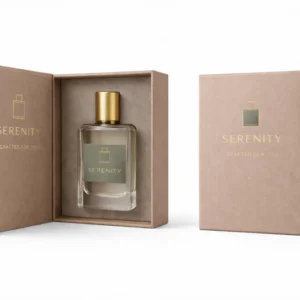 Custom rigid perfume box in luxury beige finish with open lid and perfume bottle inside premium packaging for fragrance products