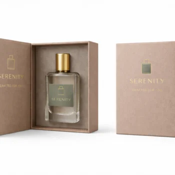 Custom rigid perfume box in luxury beige finish with open lid and perfume bottle inside premium packaging for fragrance products