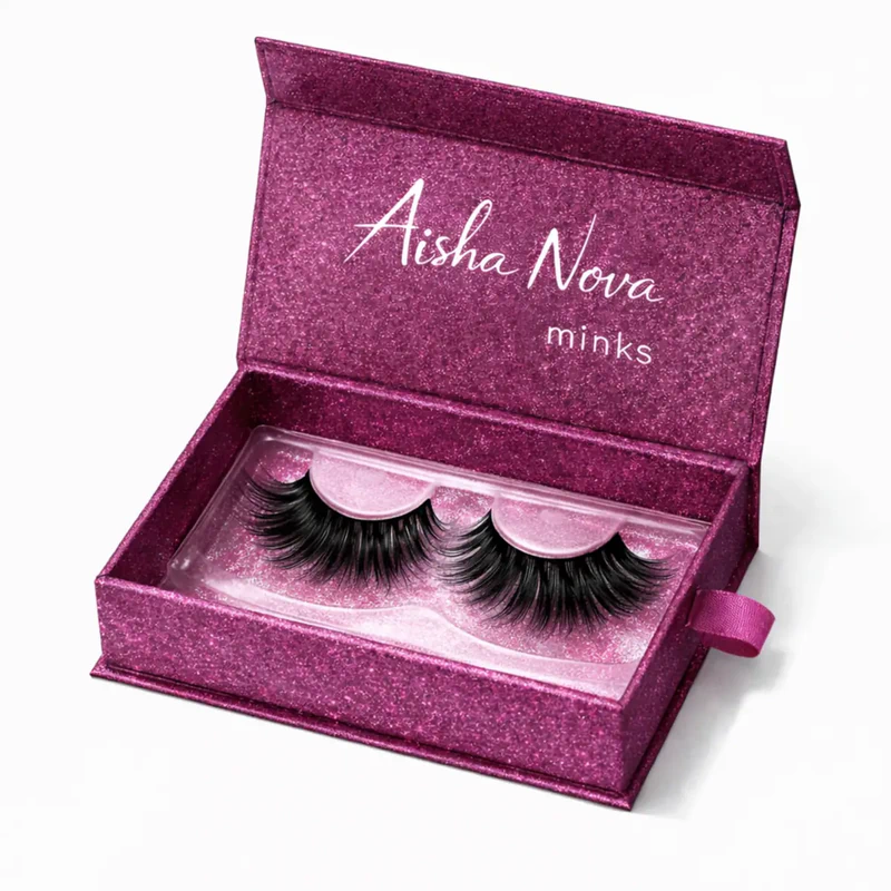 Glitter eyelash box in pink magnetic rigid packaging style for luxury mink lashes presentation