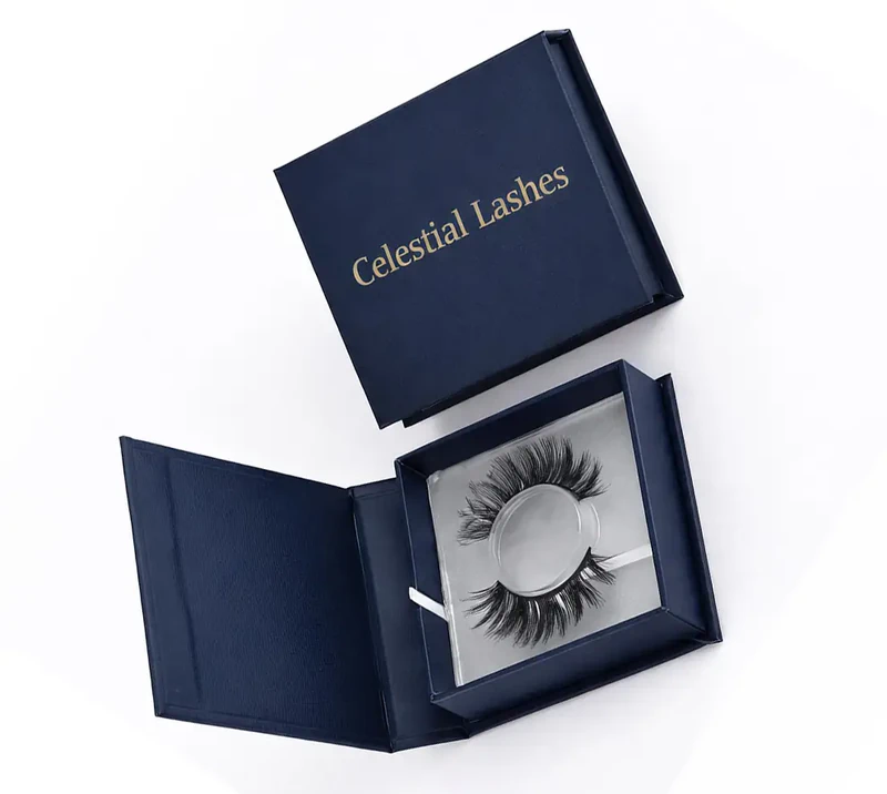 Luxury eyelash box in blue magnetic rigid style with premium false lashes inside for high-end packaging