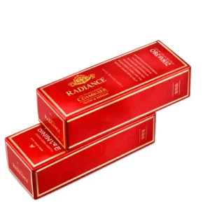 Premium lipstick packaging box in red with gold foil detailing luxury cosmetic rigid packaging for high-end brands