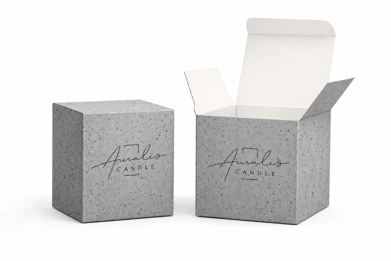 Minimalist grey textured candle packaging boxes with Auralis branding, featuring one closed box and one open box with off-white interior on a pure white background