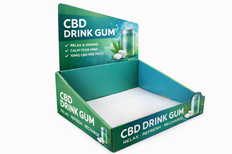 CBD display boxes for drink gum packaging with vibrant printed design for retail display and promotion