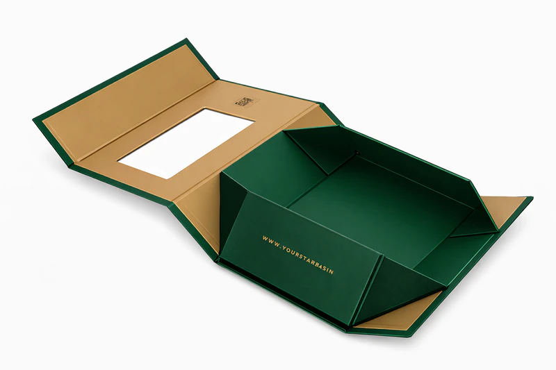 Green collapsible magnetic box with die-cut window and foldable structure for luxury packaging display, Collapsible Boxes