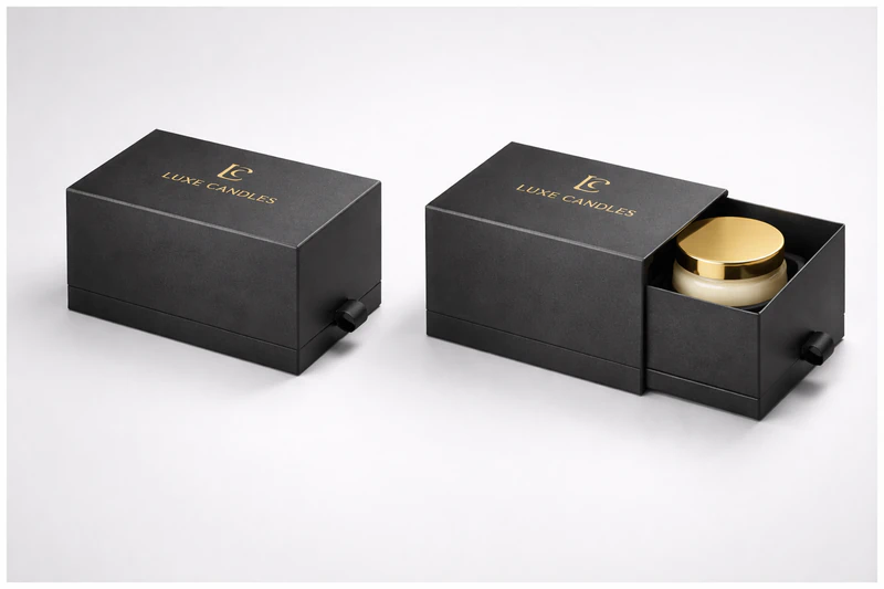 Black rigid candle box with slide drawer style for luxury candle packaging and elegant presentation, Drawer Candle Box