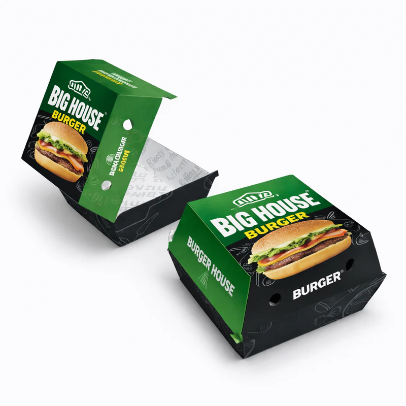 Custom burger box in green and black design with Big House burger branding for fast food packaging, Fast Food Packaging Box