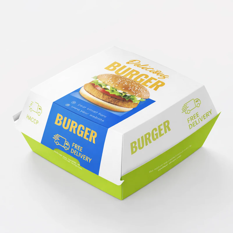 Custom burger box in white green and blue color with delicious burger print for takeaway food packaging, Printed Burger Box