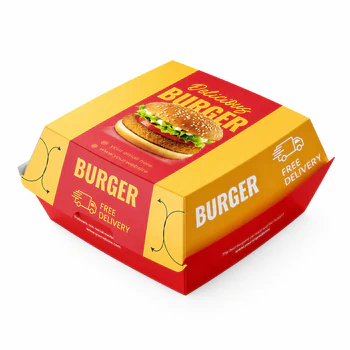 High-quality custom burger packaging box with printed food graphics, bold branding, and takeaway delivery design for fast food businesses