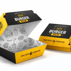Custom burger boxes with printed design for fast food packaging and restaurant branding