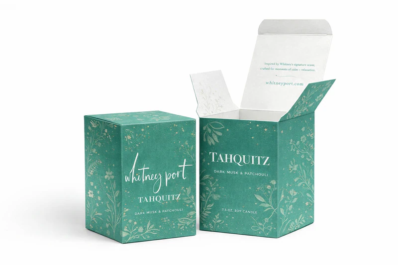 Custom candle box in green floral design with printed branding for retail candle packaging, Printed Candle Box