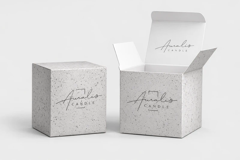 Minimalist white candle box with clean design and branding for premium candle packaging, Minimal Candle Box