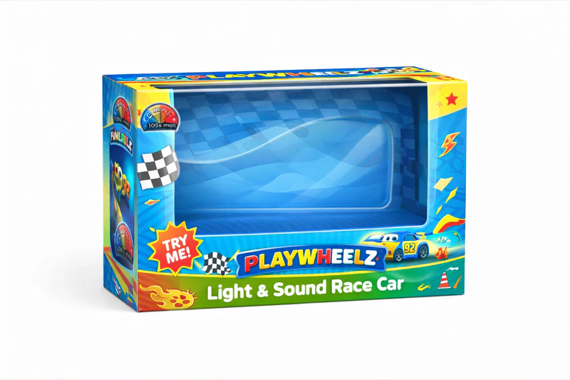 Custom cardboard boxes with window cut design for toy packaging and product visibility