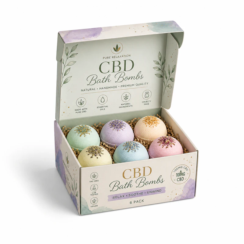 Custom CBD bath bombs boxes packaging with multiple product display luxury wellness design