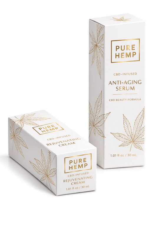 CBD infused anti aging serum packaging box with premium white and gold design, CBD Serum Packaging Box