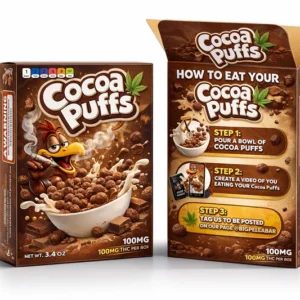 Chocolate cereal box packaging with cocoa puffs design and colorful printed branding for retail display