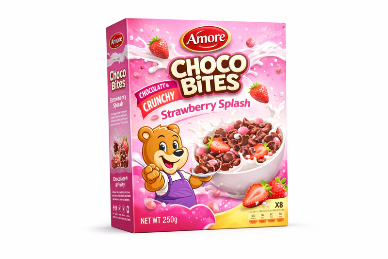 Custom cereal boxes with strawberry choco design for kids cereal packaging and retail branding