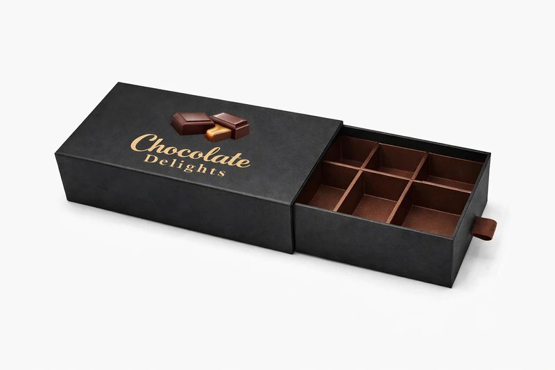 Black luxury custom chocolate boxes with slide drawer and premium compartment tray design
