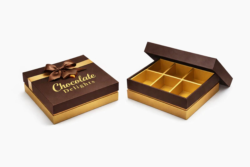 High-end custom chocolate packaging box with brown and gold finish and decorative ribbon for gifting