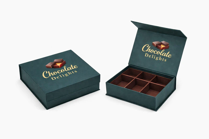 Custom chocolate gift boxes in dark green magnetic style with divided compartments for assorted chocolates