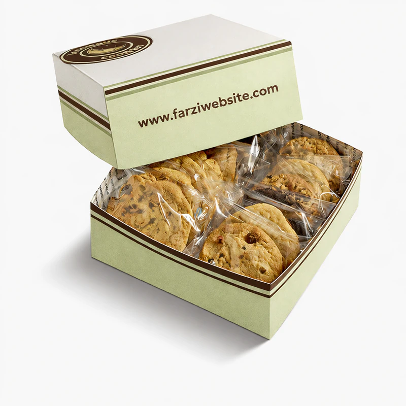Custom cookie box with bakery packaging design containing fresh cookies in protective wrapping, Cookie Packaging Box