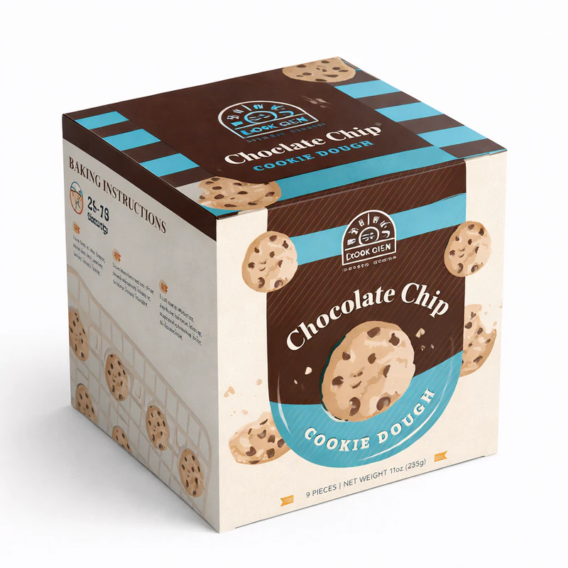 Chocolate chip cookie dough box with printed branding and product details for retail packaging, Food Packaging Box