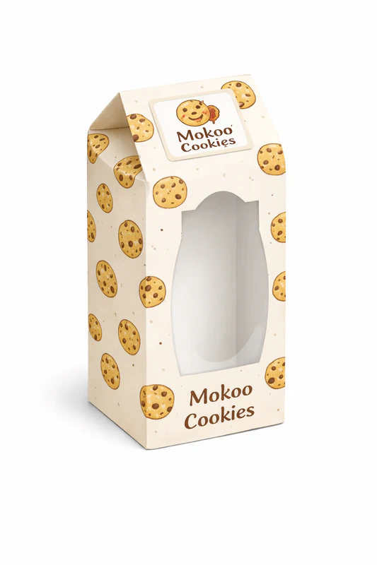Cookie box with die-cut window and printed mokoo cookies branding for retail display packaging, Window Cookie Box