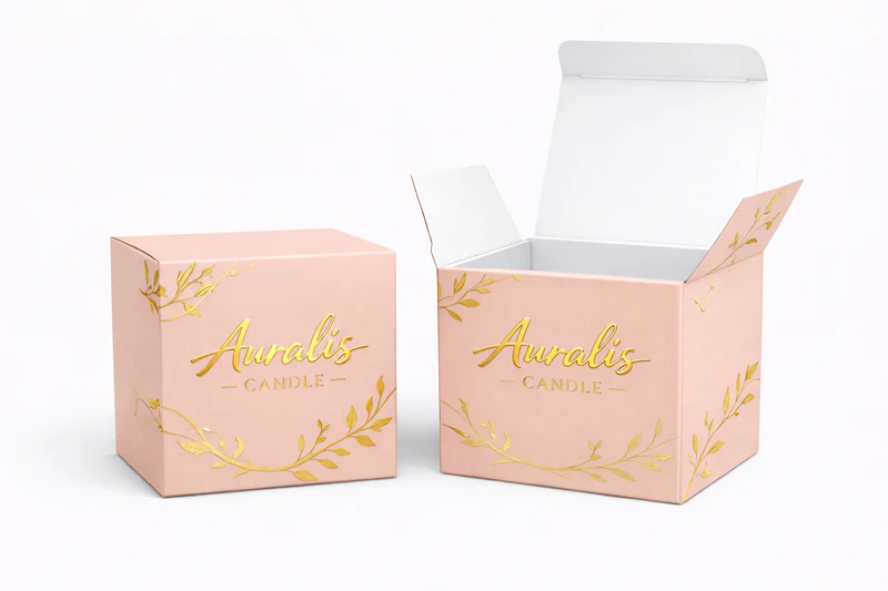 Custom die cut boxes for candle packaging with soft touch finish and gold foil design for luxury branding