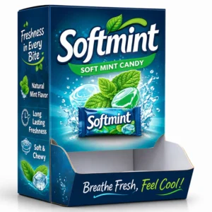 Custom dispenser box for soft mint candy with retail display design and printed branding for shelf presentation, Candy Display Box
