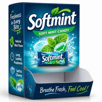 Custom dispenser box for soft mint candy with retail display design and printed branding for shelf presentation, Candy Display Box