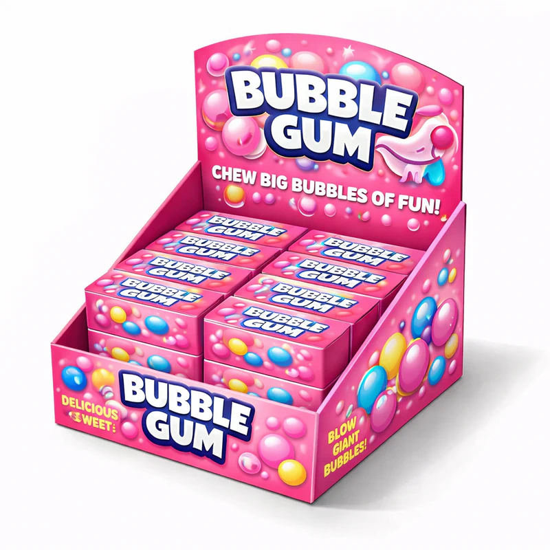 Bubble gum display box with eye-catching printed design for retail counter and impulse sales, Bubble Gum Display Box