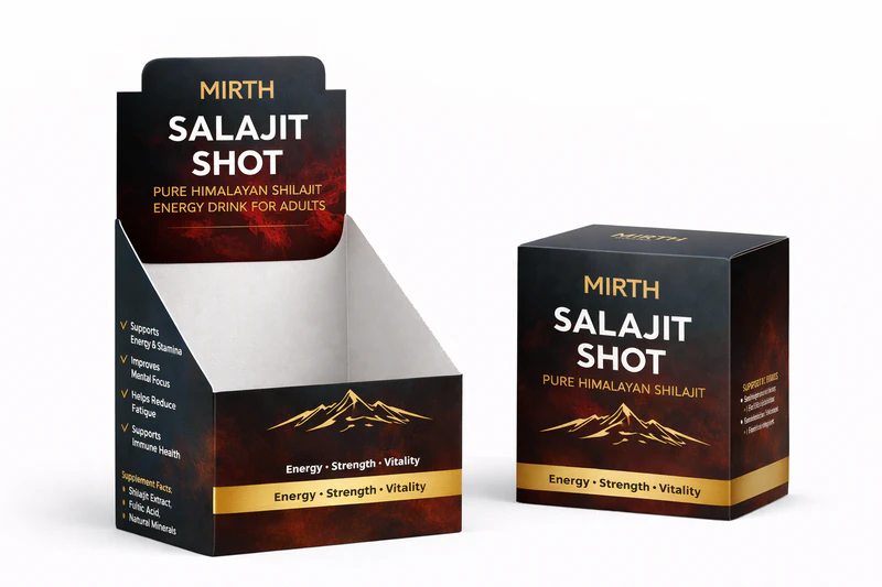 Salajit energy shot display box with premium printed packaging for retail counter merchandising, Energy Product Display Box