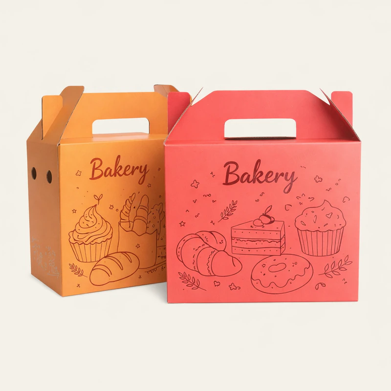 Custom gable takeaway bakery box with handle food packaging for pastries cakes and desserts