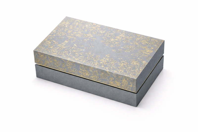 Grey custom rigid gift box with gold pattern design for premium packaging and high-end brand presentation, Custom Gift Boxes