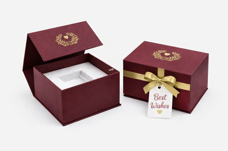 Premium maroon custom gift box with magnetic lid and ribbon detail for luxury gift packaging and branding, Custom Gift Boxes