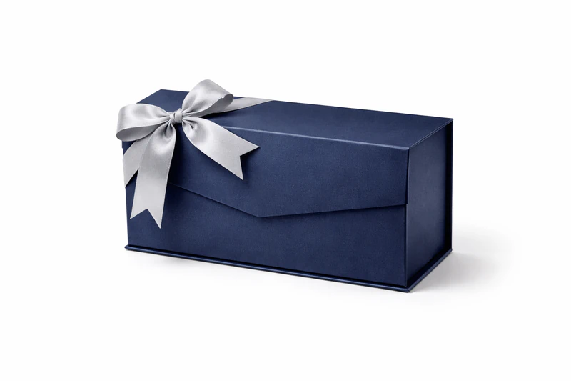 Navy blue custom gift box with magnetic closure and ribbon detail for elegant product packaging and gifting solutions, Custom Gift Boxes