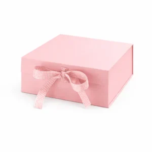 Custom gift box in pink color with ribbon closure for elegant and premium gift packaging solutions