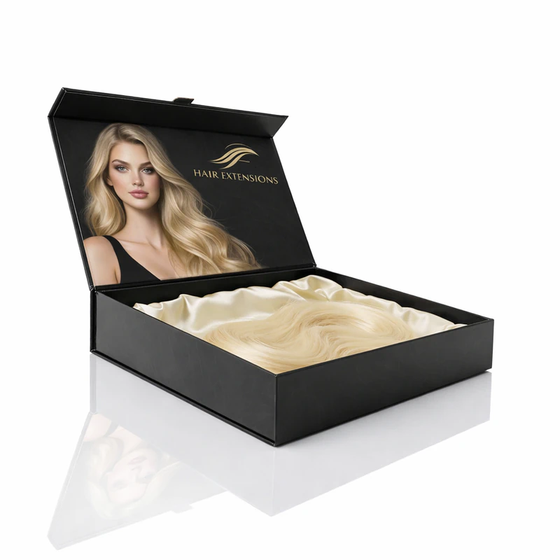 Custom rigid hair extension box packaging with silk interior luxury beauty packaging with logo printing