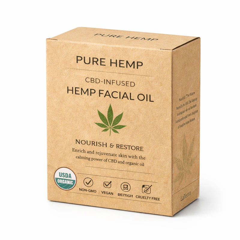Hemp facial oil packaging box made from kraft material with organic product labeling, Hemp Oil Kraft Box